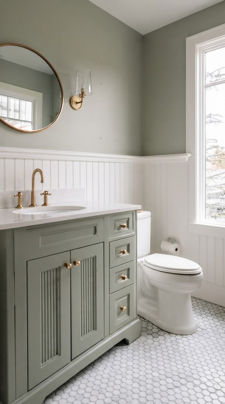 Sage green powder bathroom remodel with brass fixtures and mosaic floor tile