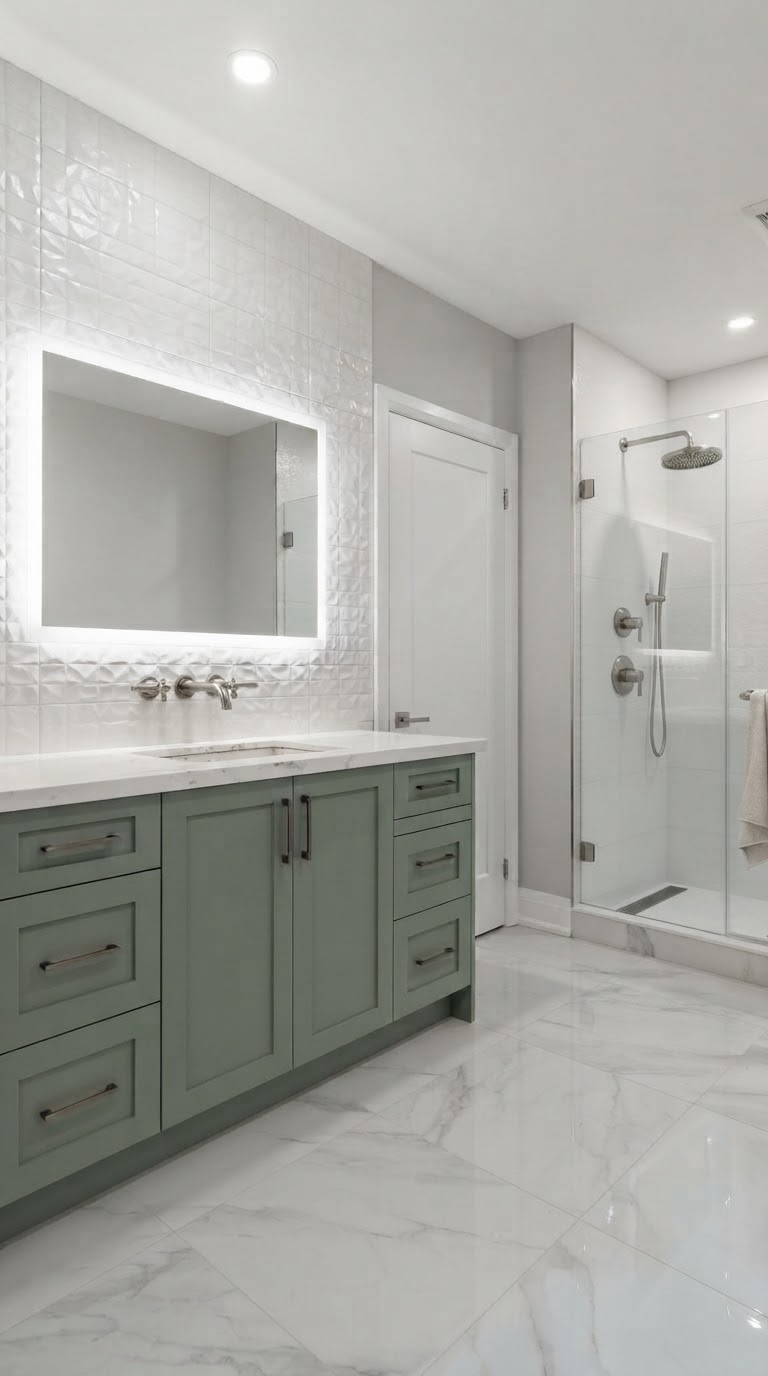Bright bathroom remodel with sage vanity, glass shower, and marble tile